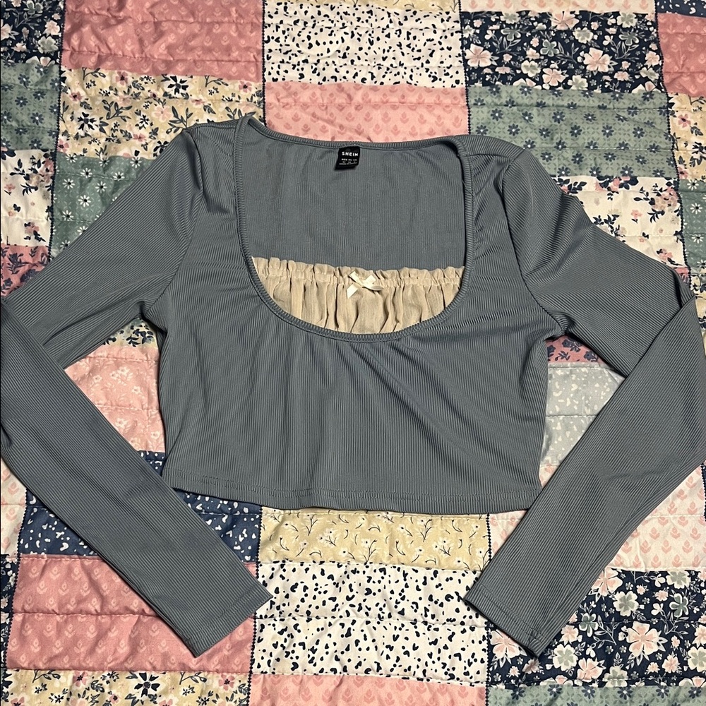 SHEIN Slate Blue Ribbed Scoop Neck Long Sleeve Crop Top